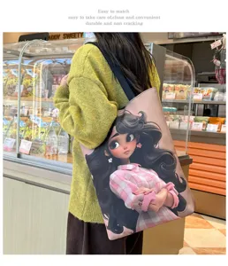 Large capacity canvas shoulder bag featuring stylish illustration detail for daily shopping use.