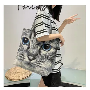 Lässige Damen Leinen Umhängetasche mit realistischem Katzenkopf Druck, großer Shopper.