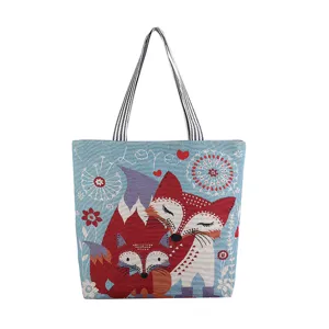 Ethno Stil Canvas Shopper Tasche mit niedlichem Fuchs Muster und bequemen Schulterriemen Alltag.