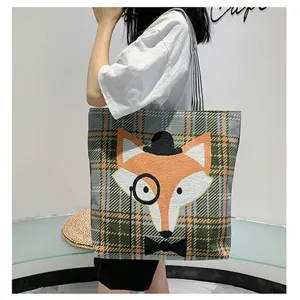 Elegante karierte Segeltuch-Tasche mit niedlicher Fuchs-Bestickung, Freizeittasche für Damen.