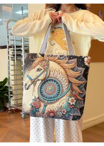 Sac à épaule en toile avec motif de cheval vintage, sac cabas rétro élégant pour courses.