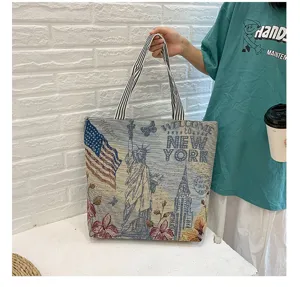 Vintage style canvas tote bag with New York graphic print chic casual shoulder handbag