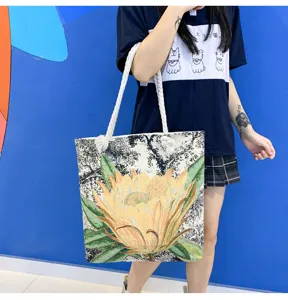 Sac cabas en toile à grand imprimé floral, sac porté épaule décontracté avec anses en coton.