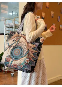 Sac à bandoulière en toile tissée de style ethnique avec motif de cheval et mandala.