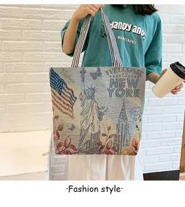 Canvas tote bag featuring New York Statue of Liberty print, large casual shopping bag.