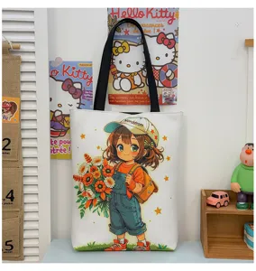 Detailansicht der niedlichen Cartoon-Mädchen-Leinwand-Tasche, lässige Umhängetasche große Kapazität.