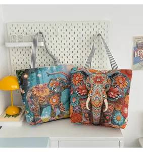 Sac cabas en toile à motif éléphant ethnique, sac bandoulière bohème, grand sac shopping.