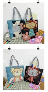 Simpatico borsa shopper in tela ricamata con cartoni animati, borsa a tracolla casual per studenti.