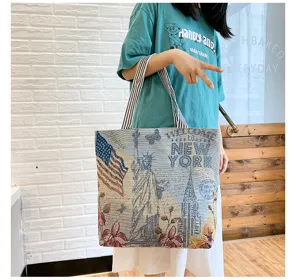 Vintage New York canvas tote bag, stylish casual shoulder bag for women daily use.