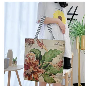 Vintage Blumen Leinen Handtasche für Damen, lässige Canvas Schultertasche mit Muster.