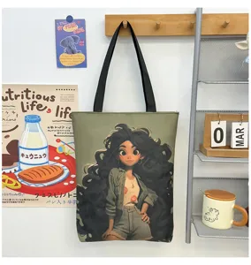 Canvas shoulder shopping tote bag with artistic black girl graphic print for daily use.