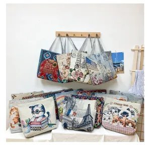 Fashionable canvas shoulder bag large capacity cute cartoon shopping bag ethnic style tote
