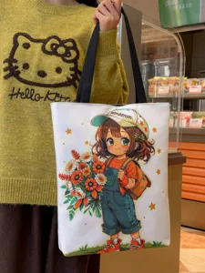 Borsa shopper in tela con stampa di cartoni animati carina da donna, grande borsa a tracolla casual.