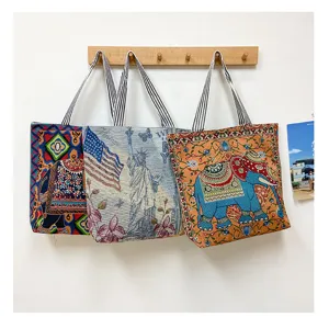Ethnic vintage canvas shoulder bag with elephant and liberty statue pattern large tote bag.