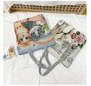 Canvas tote bag cute cat vintage Eiffel tower shoulder bag large capacity shopping bag casual