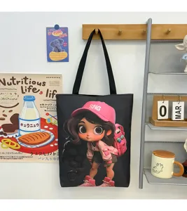 Canvas tote bag detail view, featuring a cute 3d cartoon girl print, large capacity daily shoulder bag.