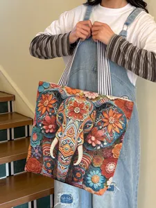 Sac Cabas en Toile Style Ethnique Asie du Sud-Est Rétro Éléphant Cheval Imprimé Floral Grande Capacité Sac de Shopping Épaule pour Femmes Décontracté