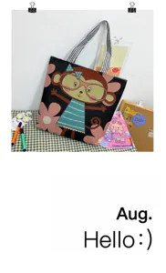 Borsa a tracolla in tela con simpatico disegno di scimmia, borsa casual capiente per studenti.