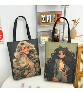 Canvas tote bag with cute cartoon girl graphic, casual shoulder bag for daily use.