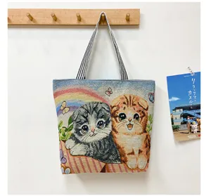 Cute woven canvas tote bag for women with adorable twin cats pattern casual shoulder handbag