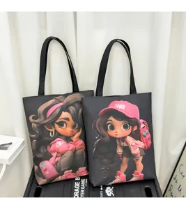 Detailed view of large canvas shoulder bag featuring stylish 3D black girl print, daily use.