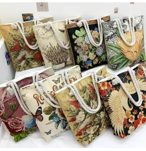 Sac cabas en toile jacquard à fleurs rétro style chinois avec poignée en corde de coton.