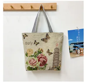 Vintage Canvas Tote Bag Casual Floral Shoulder Bag Large Shopping Bag Ethnic Style Daily