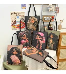 Canvas tote bag large capacity shoulder shopping bag with trendy black art illustration print