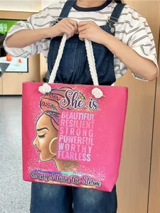 Large capacity canvas tote bag with stylish African art print and comfortable hemp rope handles.