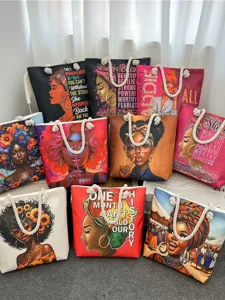 Stylish canvas tote bag with African art print and sturdy rope handles for beach and daily use.