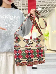 Ethnic Style Woven Shoulder Bag Casual Crossbody Bag Vintage Geometric Print Handbag