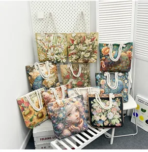 Bolso Tote Grande de Lona Vintage Diseño de Flores Tapiz Bolso de Hombro Casual Moda