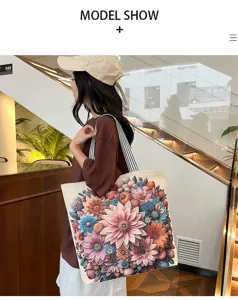 Etnische stijl bloem geborduurde canvas tote tas, grote capaciteit casual schoudertas voor dames.