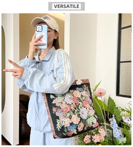 Bolso tote floral elegante para mujer, bolso de hombro de lona de gran capacidad con cuerda.