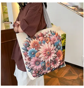 Ethnische stijl canvas shopper tas met kleurrijke bloemen borduurwerk, grote schoudertas dames.