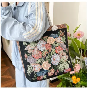 Bolso tote vintage con estampado floral para mujer, gran bolso de hombro tejido casual.