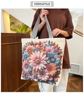 Bloemen canvas tote tas detail weergave, casual geborduurde grote schoudertas voor dagelijks gebruik.