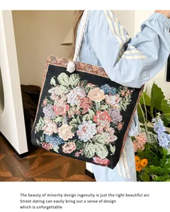 Bolso shopper vintage de tapiz floral, gran bolso de hombro tejido para uso diario y viajes.