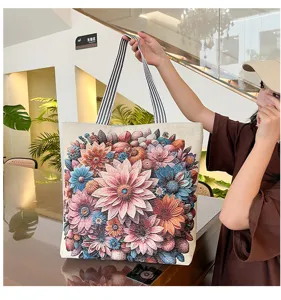 Etnische bloem geborduurde canvas shopper tas, grote casual handtas voor dagelijks gebruik.
