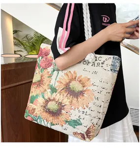 Bolso tote de lona de moda con estampado de girasol vintage, bolso de hombro informal grande.