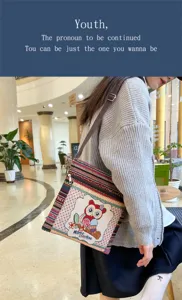 Sac bandoulière en toile style ethnique avec broderie hibou mignonne, sac décontracté.