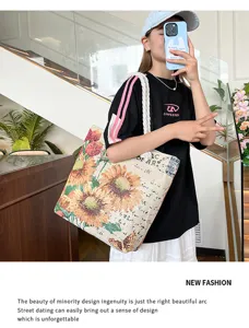 Bolso tote de lona con estampado de girasol, bolso de hombro retro grande para mujer.