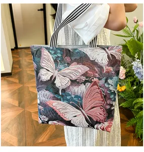 Etnische stijl vintage vlinder geborduurd canvas tote tas, grote casual schoudertas voor dames.