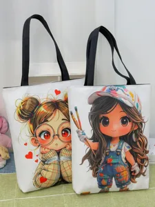 Große Kapazität Segeltuch Tragetasche mit süßem Cartoon-Druck, lässige Schultertasche.