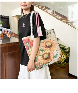 Bolso tote de lona de girasol, gran bolso de hombro tejido con hermoso bordado floral retro.