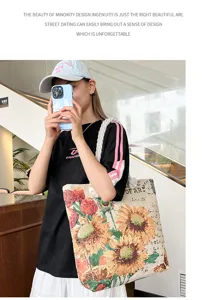 Bolso tote de lona estilo étnico girasol bordado bolso de hombro gran capacidad casual
