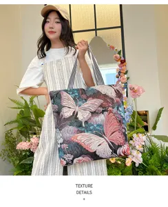 Canvas shopper tas met vlinderborduurwerk, grote casual handtas voor dames dagelijks gebruik.