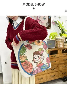 Lässige Damen Canvas Tragetasche mit Blumenstickerei und süßem Cartoon Motiv für den Alltag.