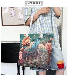 Bolso tote de lona bordado de pavo real étnico, bolso de hombro de gran capacidad para mujer.