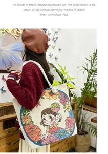 Segeltuch bestickte Tragetasche für Damen, lässige modische Umhängetasche mit Blumenmuster.